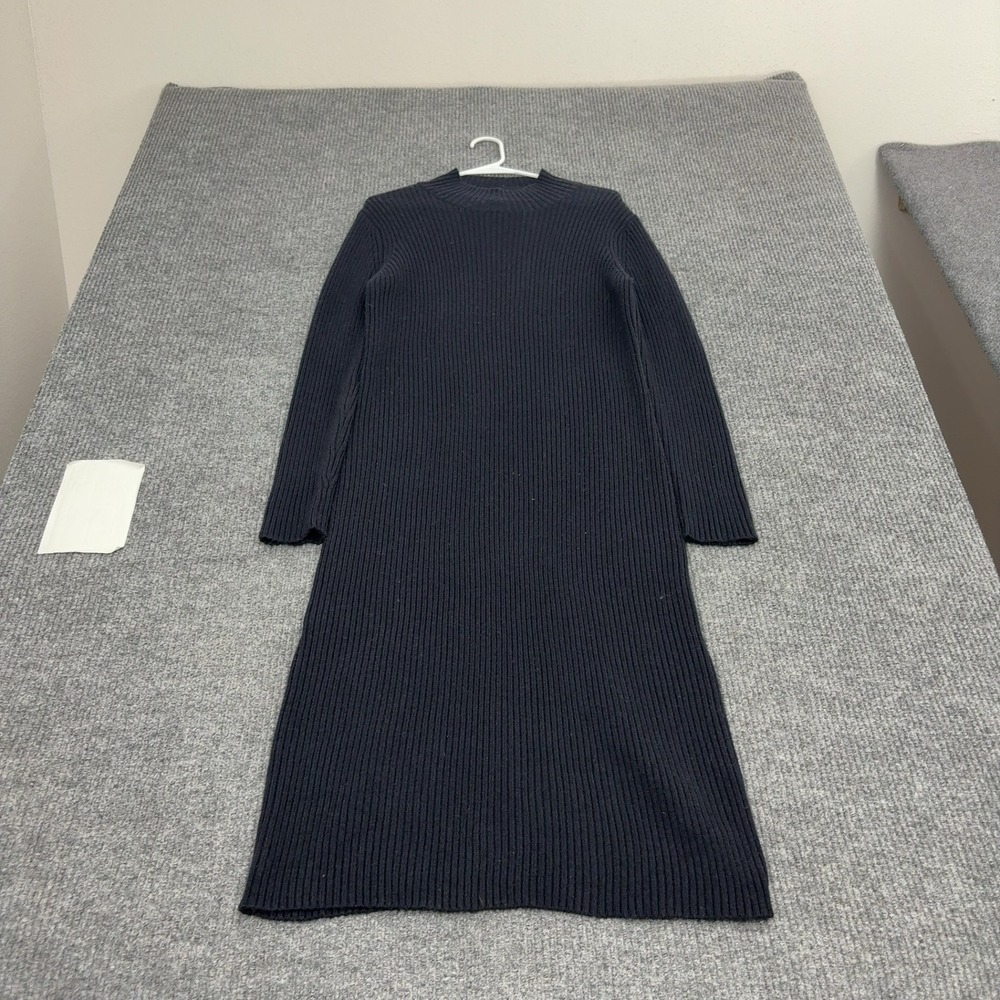Uniqlo Dress Womens L Navy Blue Wool Blend Ribbed Mock Neck Midi Minimalist
